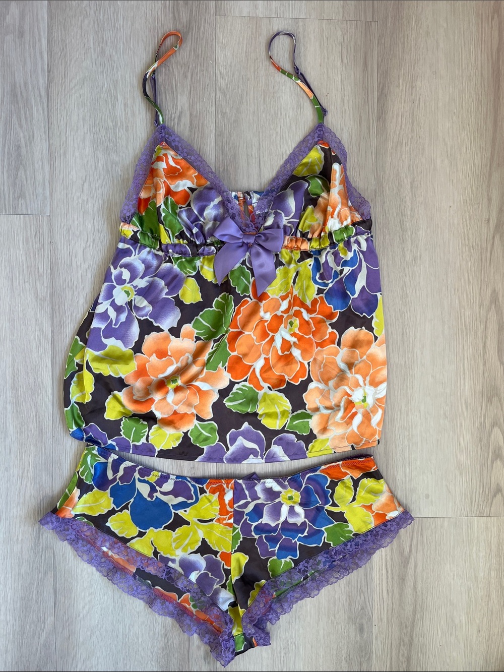 La Senza Vintage Y2K Floral Lace Babydoll Satin Cami & Short Sleep Set Bows BNWT